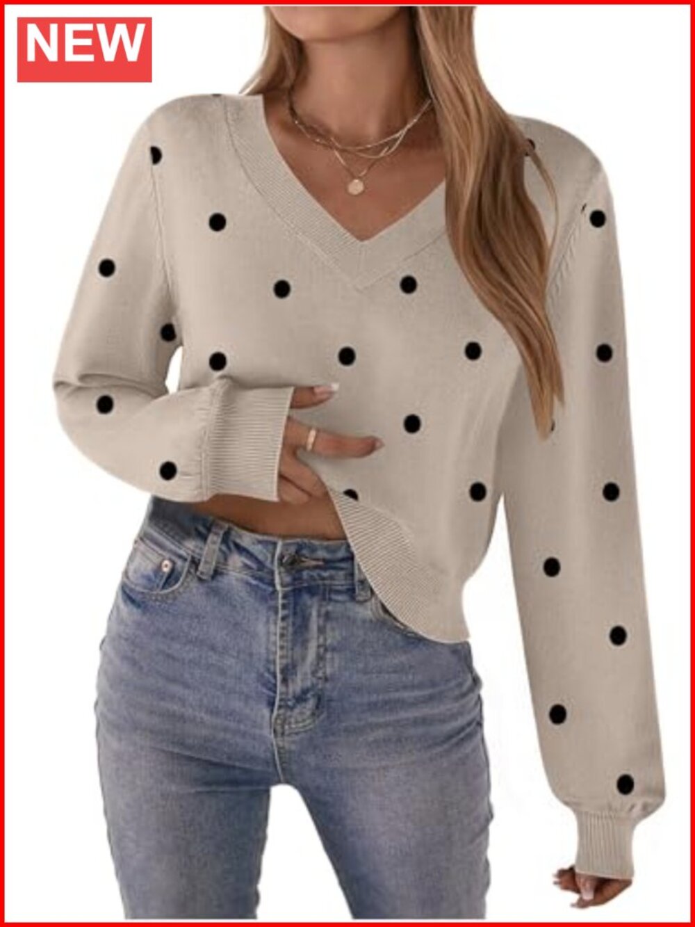 Women V-Neck Cropped Sweater Long Sleeve Knit Ribbed Pullover Top